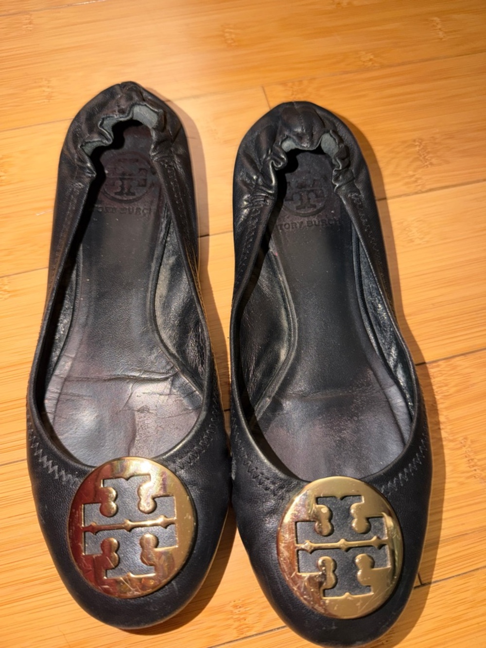 Tory Burch Black Leather Logo Medallion Ballet Flats
